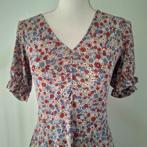 Boden Pullover Mini Dress Riviera Blue Floret Floral VNeck Red Blue Pink Size 2P